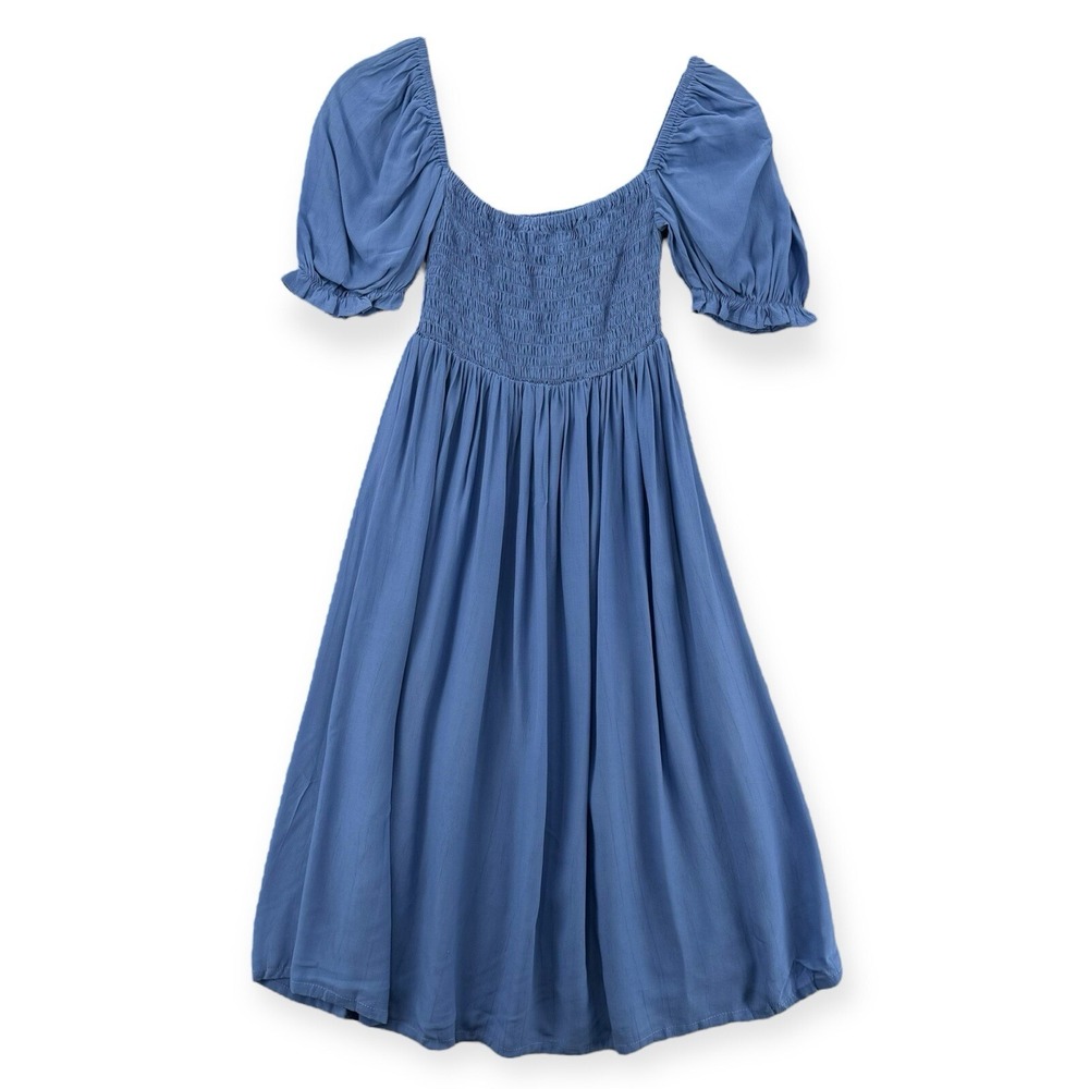 Aila Blue Jade Dress Womens XS Marine Blue Midi Smocked Puff Sleeve NEW 71187584